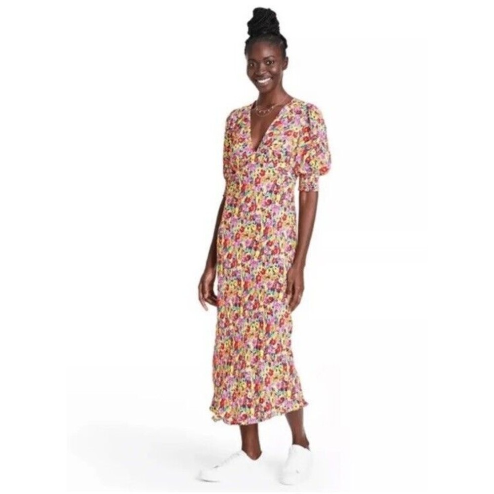New Rixo Target Floral Puff Sleeve Multicolor Floral Midi Dress 4 Bias Cut